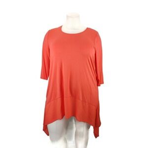 CATHERINES CORAL HANDERKERCHIEF HEM TUNIC SHEER TRIM ROUND NECK WOMENS PLUS 2X